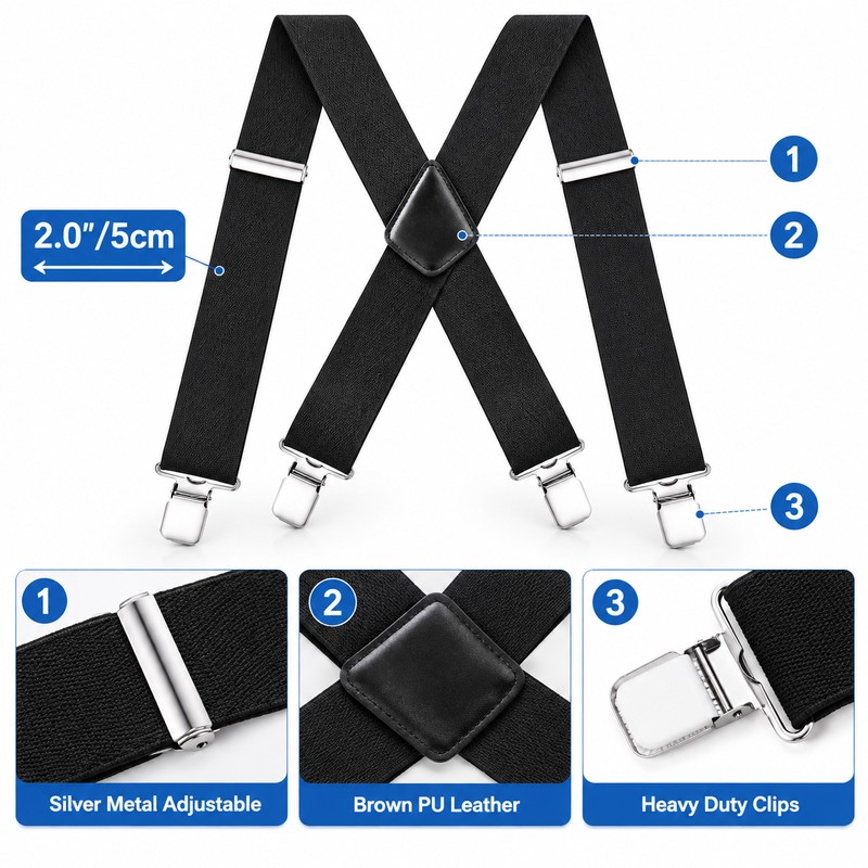 Men’s Adjustable Work Suspenders – 2-Inch Wide Elastic Straps with