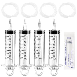 VooGenzek 4 Pieces 100 ml Large Plastic Liquid Measuring Tool with 4 130 cm Hoses, Plastic Multi-Purpose Tubes for Laboratory, Animal Feeding, Plant Watering, Individually Sealed