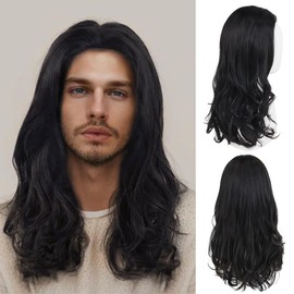 22 inch Long Black Curly Wigs for Men Natural Wavy Hairstyle 70s 80s Theme Party Wig Halloween Costume Male Music Performances Synthetic Hair