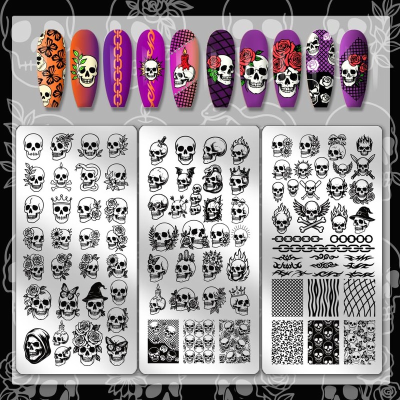 PH PandaHall 3 Pieces Nail Stamping Plate with Flower Skull