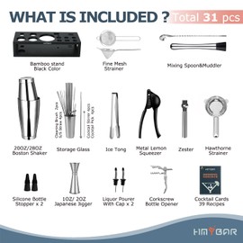 HMYBAR® Mixology Bartender kit | Cocktail Shaker Set | Boston Shaker Set, 20/28 OZ | Martini Making Set for Home Bar. Total 31 pcs incl 39-Recipe Cocktail Cards. Silver Tools. Bamb Stand Black Color