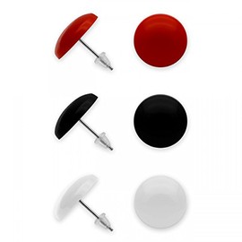 Soul-Cats Set of 3 Round Stud Earrings in Black, Red and White Acrylic with Stainless Steel Pin Diameter Approx. 14 mm, Stainless Steel, No Gemstone