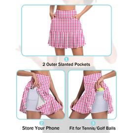 Soneven Women Knee Length Tennis Skort with Pockets High Waisted Long Athletic Golf Skirt Ruffle Pleated Dressy Casual Summer (Pink Houndstooth,XL)