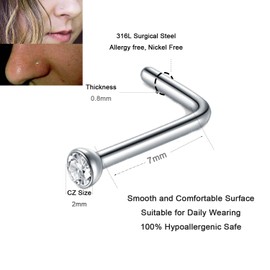 MODRSA Nose Rings 20G Stainless Steel Nose Stud L Shaped Nose Hoop Rings for Women Moon Nostril Piercing 18PCS