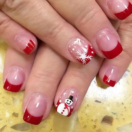 24Pcs Christmas French Tip Press on Nails Short Square Fake Nails with Snowflake Snowmen Designs Winter Christmas False Nails Xmas Holiday Red Nail Tips Stick on Nails for Women Manicure Decorations