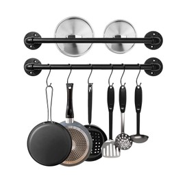 Bailoo Industrial Pipe Pot Pan Rack 21" (2 Pack), Wall mount Pot hangers Pan Hanging Rail Lid Hanger for kitchen with 10 S Hooks