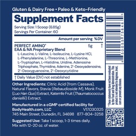 BodyHealth PerfectAmino Powder - BCAA and EAA Powder for Pre and Post Workout - Amino Acid Energy Drink for Men and Women to Support Lean Muscle and Recovery - Lemon Lime - 60 Servings