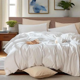 Nanko 100% Washed Cotton Striped Duvet Cover Set King Size Linen Like, White Grey Pattern Soft Bedding Sets Comforter Covers with Zip Tie Modern Farmhouse Natural for Women Men Teen 3Pc 104 x 90 Gray