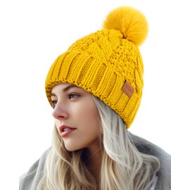 PIOZAED Women's Winter Pompom Beanie Warm and Cozy Knit Hat Fleece Lining Skull Cap for Women, Yellow, One Size