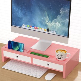 Monitor Stand Riser with Drawers, Desktop Stand Shelf Lift with Phone/Cup Holder for Computer TV Laptop Printer Screen, Bamboo Desk Organizers and Accessories, Home Office Supplies, Pink & White