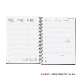 Miquelrius - 2025 Calendar Year Planner 155 x 213 mm Week to View Flexible Polypropylene Cover Spiral Bound Paper 80gsm Spanish English Portuguese Black