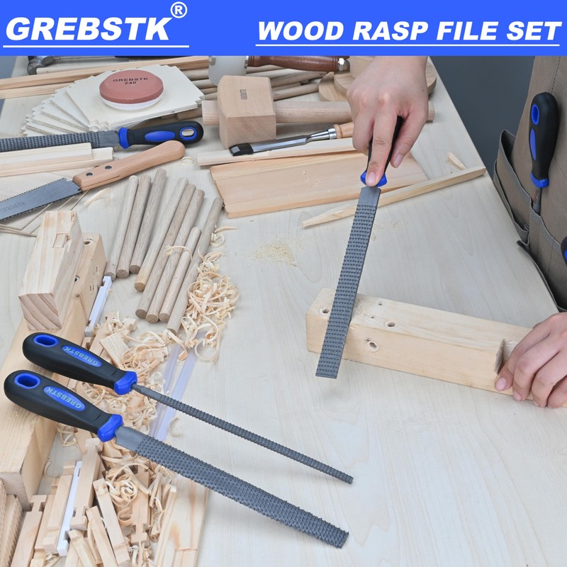 GREBSTK 12 inch Wood Rasp File Set with Rubber Grip