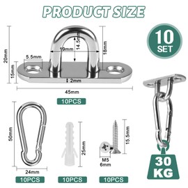 EXLECO 10 Set von M5 Augplatte mit Öse + Karabinerhaken Edelstahl, Sonnensegel Befestigung, Deckenhaken Ösenplatte 45 x 15mm Befestigungshaken Karabiner U-Haken Wandöse zum Befestigen von Sonnensegel