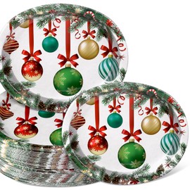 Hsei 100 Pcs Disposable Christmas Oval Paper Plates 10'' x 12'' Large Christmas Ball Plates Xmas Dinner Plates Christmas Paper Platters Bulk for Christmas Holiday Table Decor Party Supplies