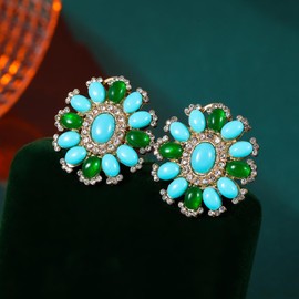 EARRPAD Vintage Oval Resin Gemstone Earrings Inlaid Zircon Retro Boho Earrings for Women Wife Girlfreind Christmas Gift Mother's Day Wedding (Turquoise Emerald)