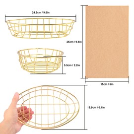Biugaaufai 12 Pack Oval Wire Bread Basket, 9.65 x 6.1 x 2.17 Inch Metal Fast Food Baskets with 50 Sheets Deli Wrappers Paper, Metal Dinner Roll Baskets for Home & Kitchen, Serving and Storage(Golden)