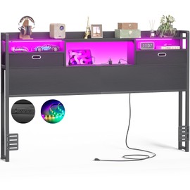 Unikito Queen Headboard with Drawer Storage & LED Lights, Wood Queen Size Headboard Only Built-in Power Outlet & Bookcase for Bedroom/Dorm/Guest Room, Black