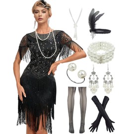 YACHARM 1920s Flapper Long Fringed Sleeve Cocktail Gatsby Roaring 20s Sequins Beaded Costume Dress w/ 20s Accessories set
