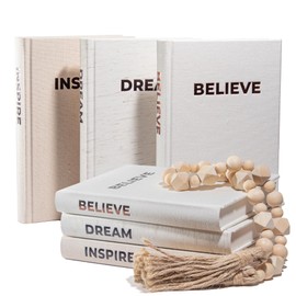 Dabster Guys Decorative Books for Home Decor - Linen Decor Books with Inspirational Design - Shelf Decoration - Blank Pages, Foil-Stamped Cover - with Hemp Rope, Wood Bead Garland - Set of 3 (Beige)