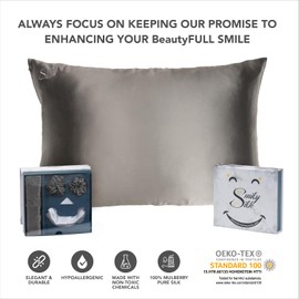 Smily Silk Pillowcase - 100% Pure Mulberry Silk 22Momme Highest Grade 6A - Cooling and Breathable - Silk Pillowcase for Hair and Skin Set - Queen Size - 2 Scrunchies -1 Laundry Mesh - Hidden Zipper