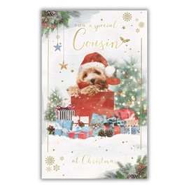 Cousin Christmas Card For Him - Special Finishes - Puppy Dog in Santa Hat - Artistic Festive Design - Illustrated Insert Leaf - Made in the UK