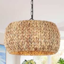 PAUFUL Farmhouse Boho Chandelier, 5-Light with Water Hyacinth Lampshade, for Dining Room, Kitchen Island, Bedroom, Living Room