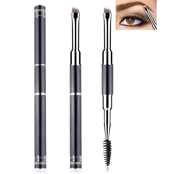 Duo Eyebrow Brush - 1Pcs Pro Premium Quality Double Ended Eyebrow Brush & Spoolie, Angled Brow Brush with Lid for Precision Application & Blending of Eye Brow Powders, Waxes & Gels - Black