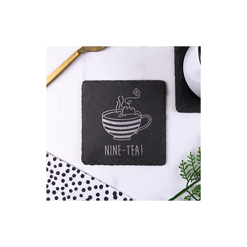 Engraved Square Slate Coaster -"NINE-TEA" Design - 90th Milestone Birthday