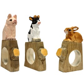 your castle Napkin Rings, Hand Carved, Animal Design - Rabbit, Cow, Pig, Set of 3, Made of Wood, Hand-Painted, Versatile, with Stable Base, 11 x 6 x 2 cm