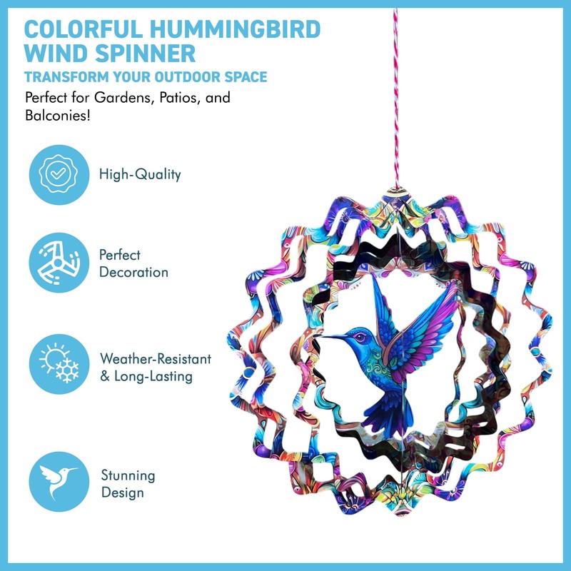 Vibrant Hummingbird Wind Spinner – Whimsical Garden Art, Outdoor Decoration,