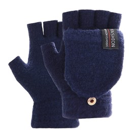 Thinp Fingerless Gloves for Women and Men, Winter Gloves Warm Wool Knit Flip Fingerless Gloves with Cover Convertible Mittens Knitted Gloves (Navy Blue)