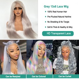 Munx 30 Inch Lace Front Wig Human Hair 180% Density 13x6 Full Frontal HD Transparent Lace Wigs Pre Plucked Straight Grey Colored Deep Part Lace Front Wig for Black Women Bleached Knots