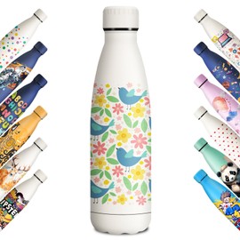 KollyKolla Stainless Steel Drinking Bottle, 500 ml, 3D Print Drinking Bottle, Sports Bottle, Suitable for Carbonated Drinks, Leak-Proof Thermos Flask, BPA-Free, Drinking Bottles for Children, School,