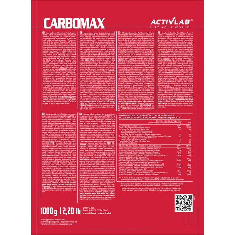 Activlab CARBOMAX 1000g, Kohlenhydrat mit Vitaminen, Energie und Glykogenauffüllung, für