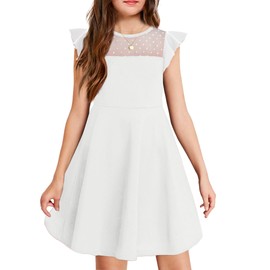Arshiner Girls Dress Summer Ruffle Sleeve Mesh A Line Casual Party Dresses with Pockets 6-13 Years White