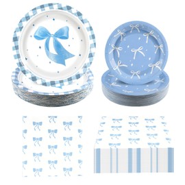 180Pcs Blue Bow Party Supplies Paper Plates and Napkins Serve 60 Disposable Tableware Set for Birthday Party Decorations Game Day Family School Holiday Sports Events