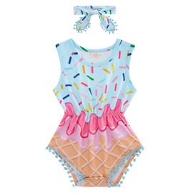 Baby Girls Blue Ice Cream Bodysuits 3D Floral Print Pink Waffles One Pieces for Infants Lightweight Elastic Waist One Piece Rompers With Headband 1 Years Toddler Boys Wedding Clothing, 6-12 Months