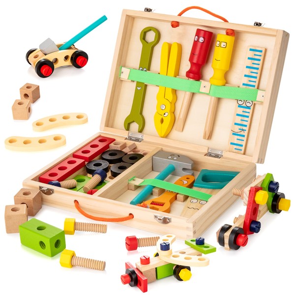 KIDWILL Tool Kit for Kids, 37 pcs Wooden Toddler Tools Set Includes Tool Box & Stickers, Montessori Educational STEM Construction Toys for 2 3 4 5 6 Year Old Boys Girls, Best Birthday Gift for Kids