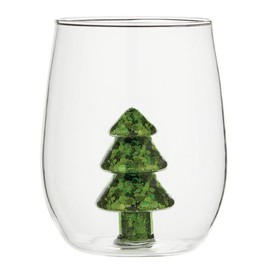 Slant Collections Christmas Wine Glasses 3D Stemless Wine Glass With Figurine, 18-Ounce, Glitter Tree