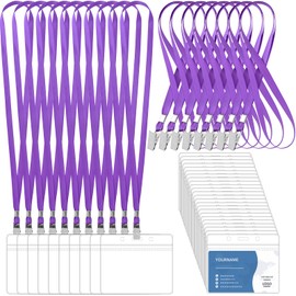100 Pcs Lanyards for ID Badges and 100 Pcs Clear Name Tag Holders Reusable Lanyard with Clip Plastic ID Card Badge Holder Name Badges for Adults Kids Business School Office Supplies (Purple)