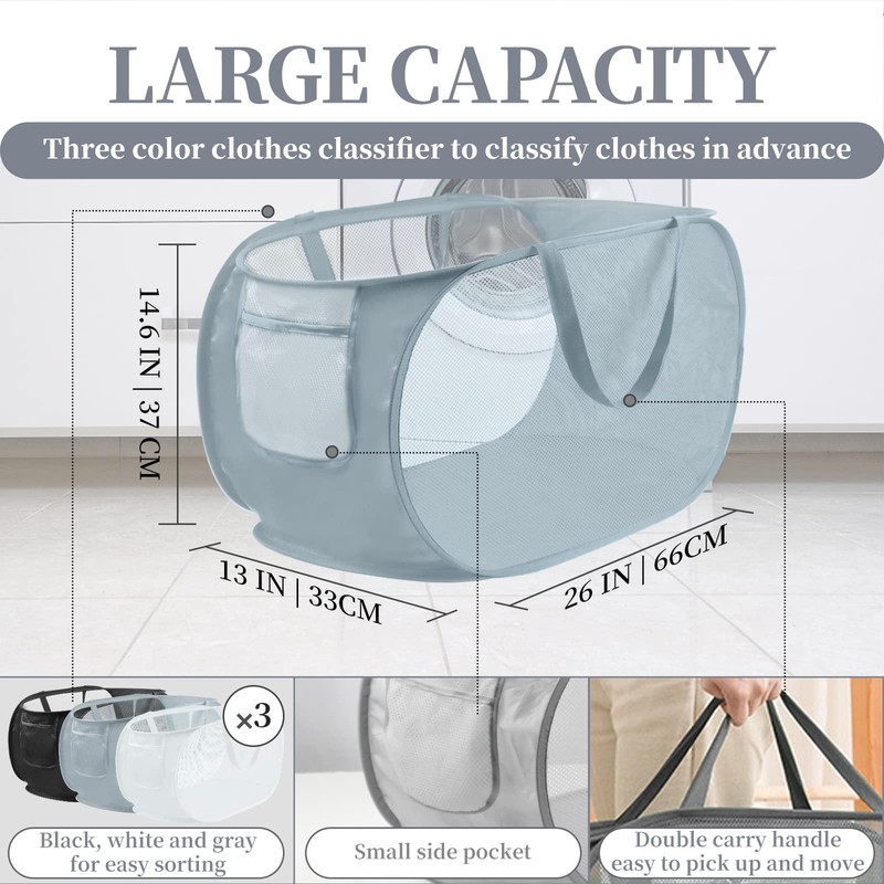 LELE LIFE Reinforced Collapsible Laundry Baskets, 3Pcs High-Strength Mesh Pop