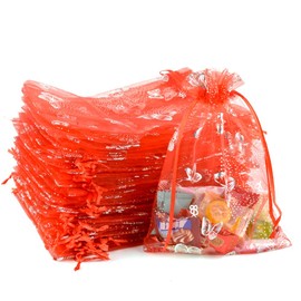 MAOOY 100 x Organza Bags for Filling, Gift Bags, 13 x 18 cm, Jewellery Bags, Small Bags, Gift Bags, Small for Christmas, Wedding, Birthday Party (Red, Silver Butterfly Pattern)