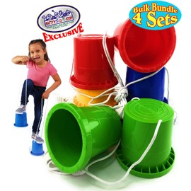 Matty's Toy Stop Bucket Stilts Plastic Balancing Stilts 4.75" (Red, Blue, Green & Yellow) Gift Set Bundle - 4 Pairs (8 Stilts Total)