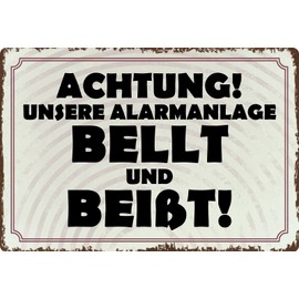 Tin Sign 20 x 30 cm Curved Achtung unsere Alarmanlage bellt und beisst Sayings Decorative Gift Sign