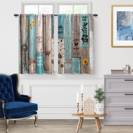 Jekeno Wooden Barn Door Kitchen Curtains Farmhouse Vintage Plank Striped Short Cafe Decor for Living Room Tier for Bathroom Rod Pocket Window Drapes 45 Inch Length 2 Panels Set