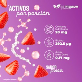 Natural Health. Gomitas de Colágeno, Biotina y Ácido Hialurónico. Sabor Fresa. 120 gomitas 3g. Ingredientes naturales.