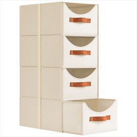 Homsorout Stackable Storage Drawers - Collapsible Storage Bins with Drawers, 4 Pack Closet Shelf Organizer Basket, Fabric Pull Out Organizer for Bedroom, Living Room, Dorm, Beige