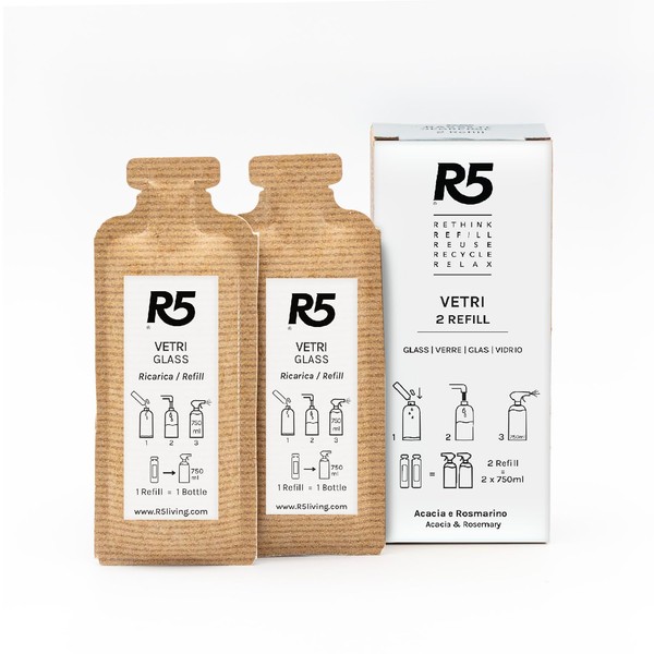 R5 - Refill Glasreiniger - Perfekt für harte Oberflächen - Duft nach Akazie und Rosmarin - 2 Nachfüllbeutel entsprechen 2 x 750 ml Flaschen - 100% MADE IN ITALY