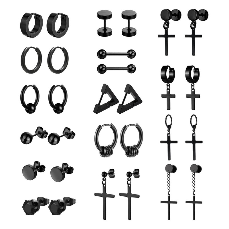 15 Pairs Earrings Set Black Stainless Steel Ear Studs Men