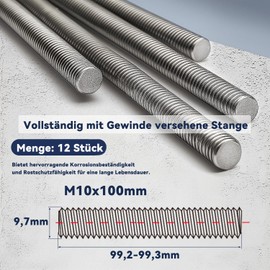 Dayalo Pack of 12 M10 threaded rods, threaded rod M10 x 100 mm, stainless steel A2 V2A, fully threaded, DIN 976